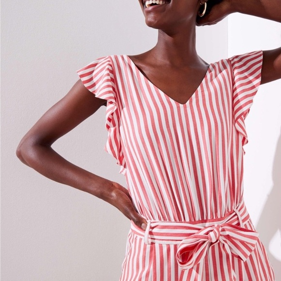 Ann Taylor LOFT Red & White Striped Flutter Tie Waist Romper - Picture 2 of 10